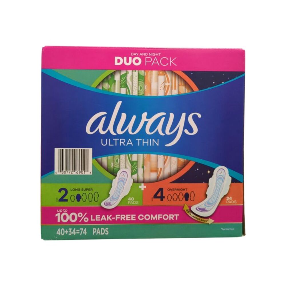 Always Ultra Thin Pads Day & Night Duo Pack, Size 2 & Size 4, 74 ct.